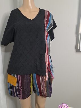 Black V-Neck Women's Top with Multicolor Stripe Accent